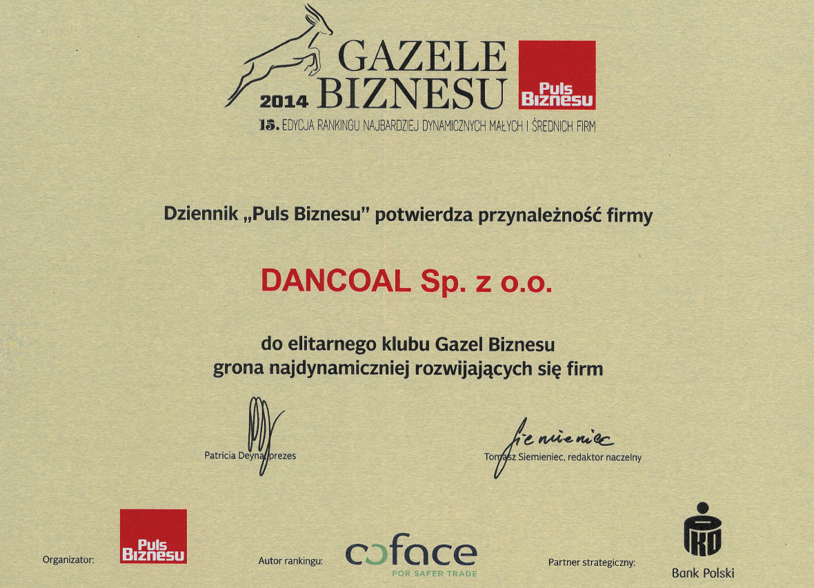 Dancoal - nagroda Gazela Biznesu 2014