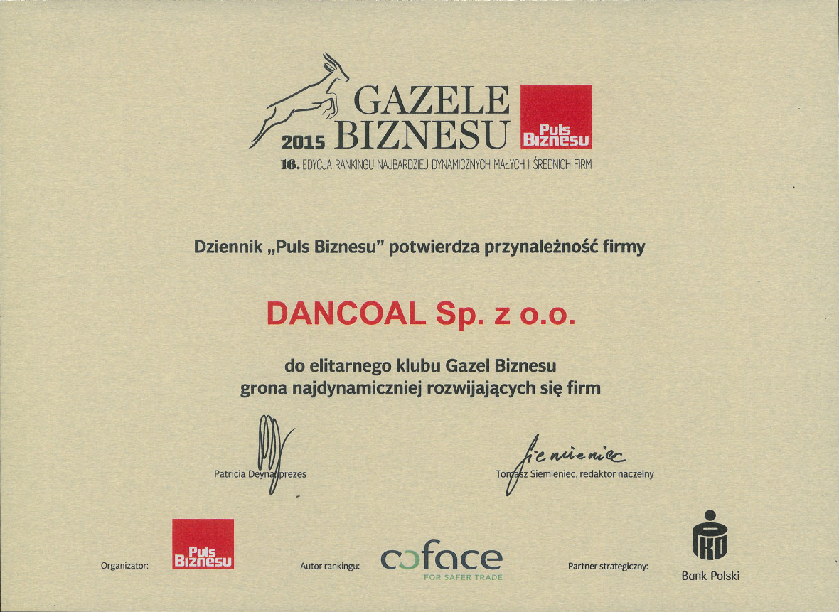 Dancoal - nagroda Gazela Biznesu 2015