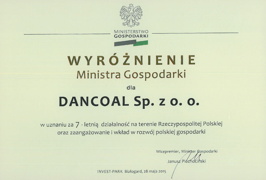 Wyróżnienie Ministra Gospodarki